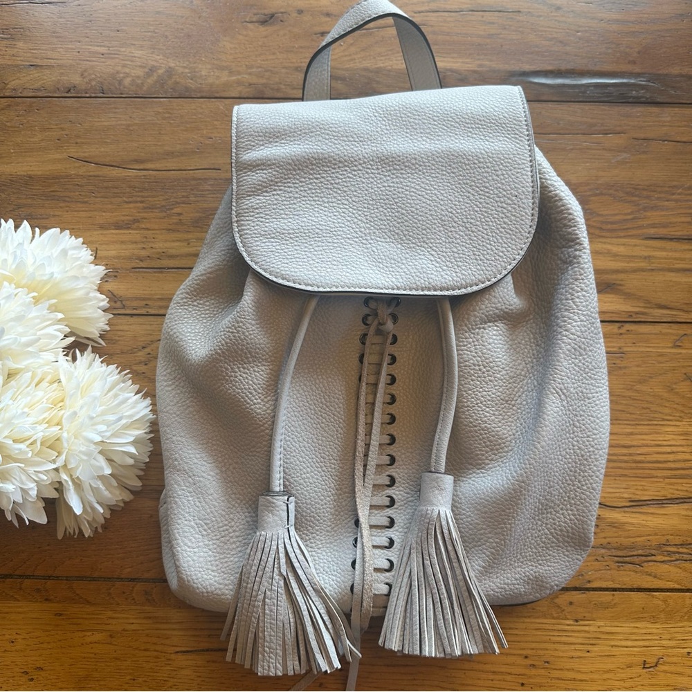 Rebecca Minkoff Cream Pebbled Leather Backpack with Lace Up and Tassel Detail